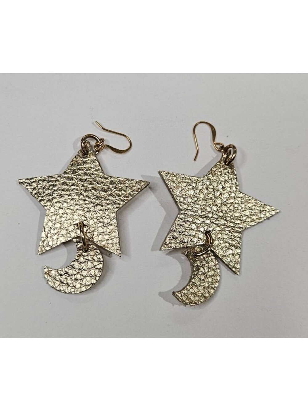 Goldtone Pebbled Faux Leather Star and Crescent Moon Dangle Earrings 2.25 inches